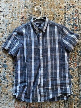 Tommy Hilfiger Short-Sleeve Black and White Plaid Button-Down Shirt